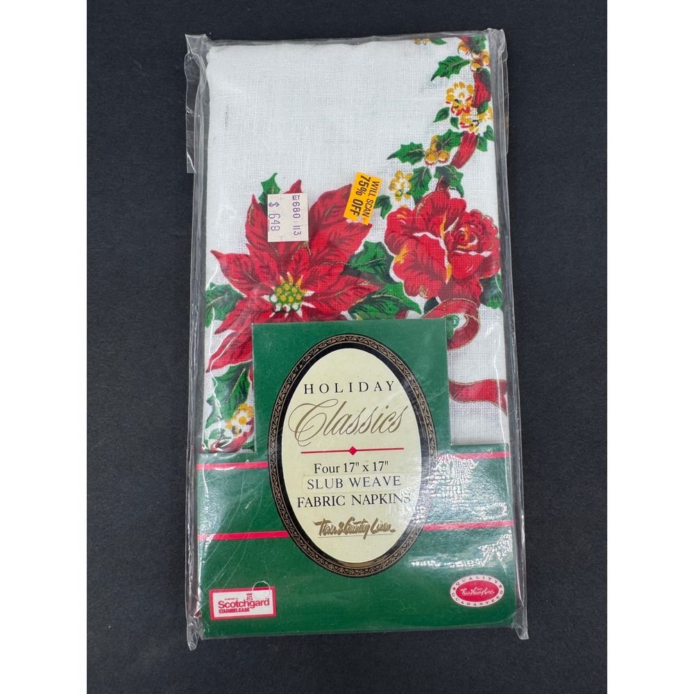 Town and Country Linen Fabric Napkins 17x17 White Poinsettia Slub Weave Set of 4
